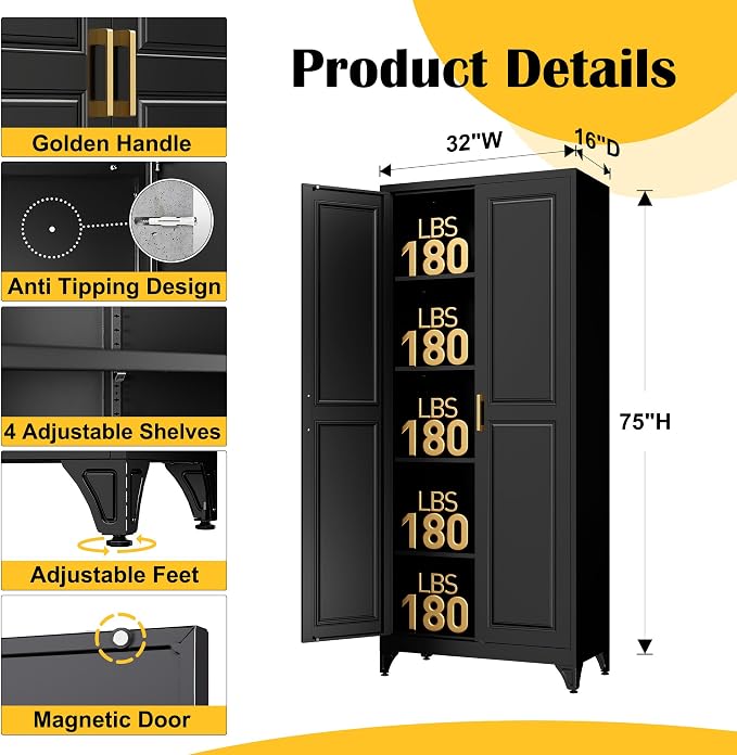 Kitchen Pantry Cabinet, 75”Black Metal Storage Cabinets - Image 3
