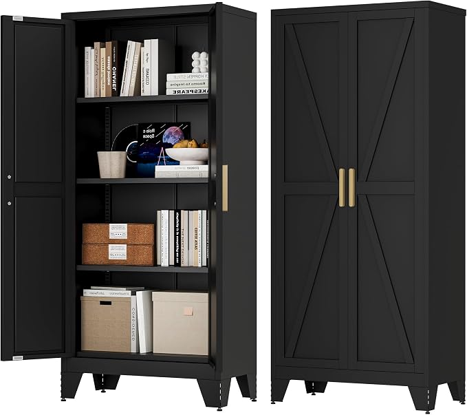 61H Metal Storage Cabinet with 2 Doors and Adjustable Shelves, Farmhouse - Image 3