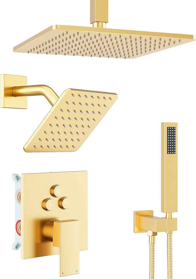 Gold Shower Faucet Set, Brushed Gold Shower System, Dual Gold Shower Head by esnbia