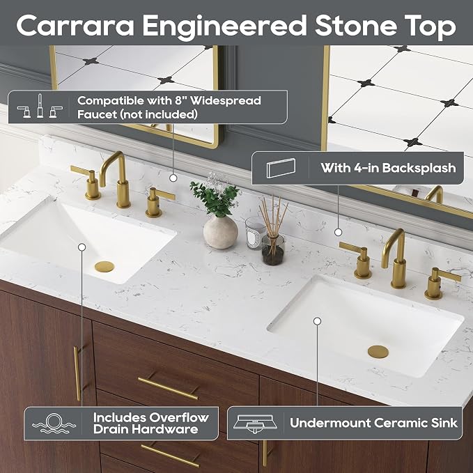 60 Inch Bathroom Vanity with Double Sink, Solid Wood Frame with Engineered - Image 3