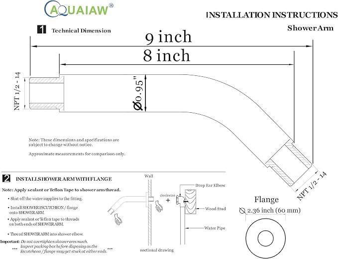 Aquaiaw Shower Arm and O-Ring Flange, 8 inch, Solid Brass, Both Soldered 1/2 - Image 7