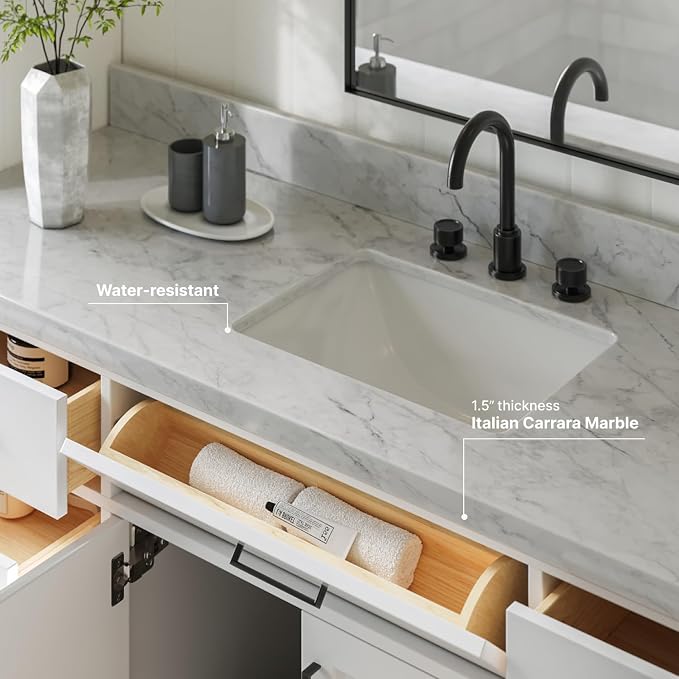 ARIEL 67" White Bathroom Vanity, 1.5" Edge Italian Carrara Marble Countertop & - Image 4
