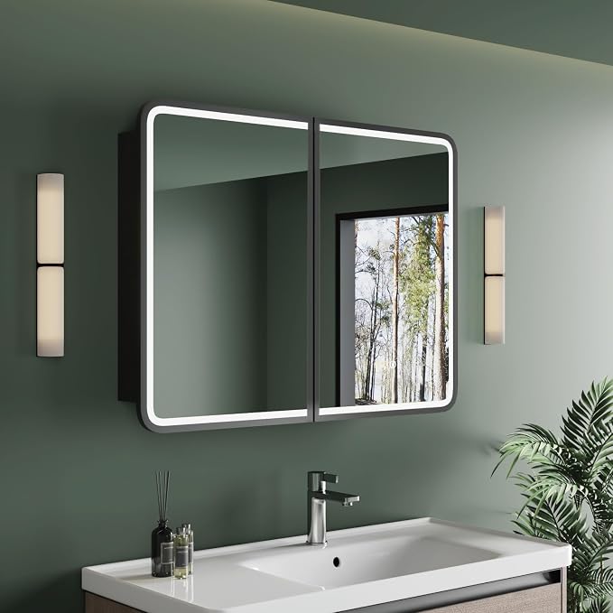 Medicine Cabinet with LED Lights and Mirror, 32 x 30 Inch Wall or Recessed by HBEZON