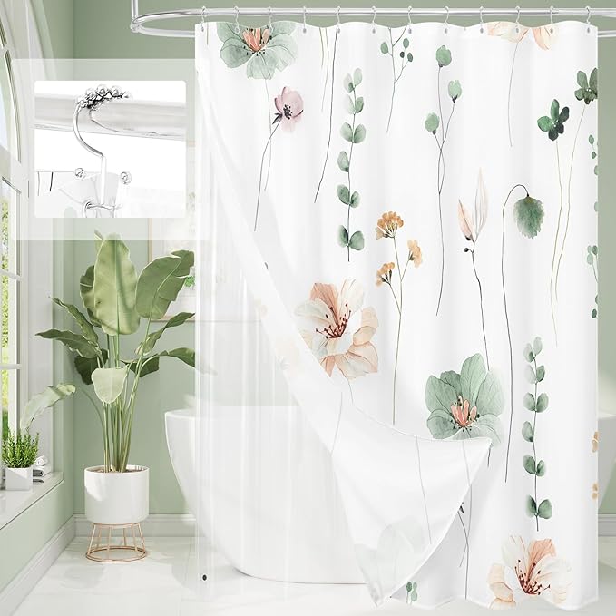 Gibelle 3 in 1 Shower Curtain Set, Sage Green Watercolor Floral Bath Curtain by Gibelle
