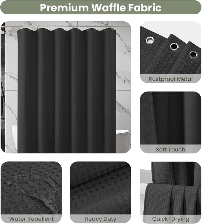 Inhousolu Fabric Shower Curtain Waffle Weave, 230 GSM Heavy Duty, Weighted Hem - Image 3