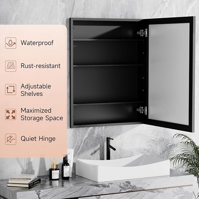24x30 Inch Medicine Cabinet Mirror Black Bathroom Cabinet - Image 4