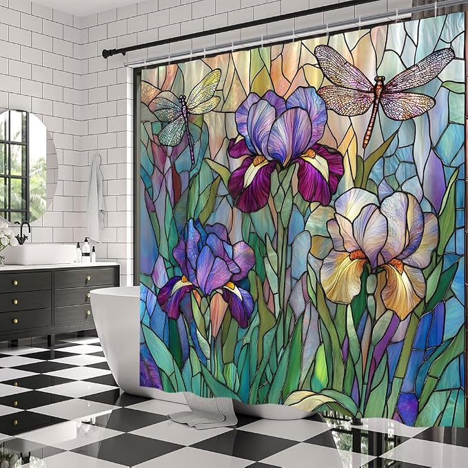 Stained Glass Shower Curtain Artistic Iris Dragonfly Purple Floral Green Leaves - Image 3