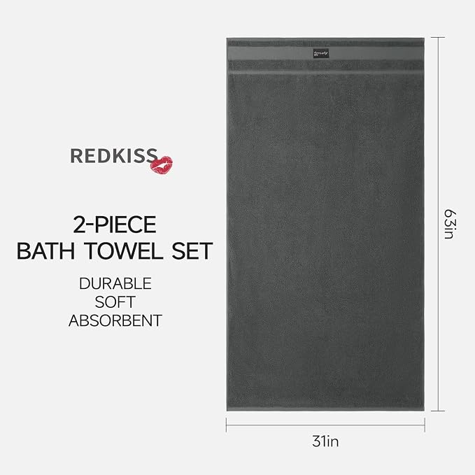 REDKISS 2 Pack Large Bath Towels Set, 100% Cotton, 31x63 in, Heavyweight 760G - Image 2