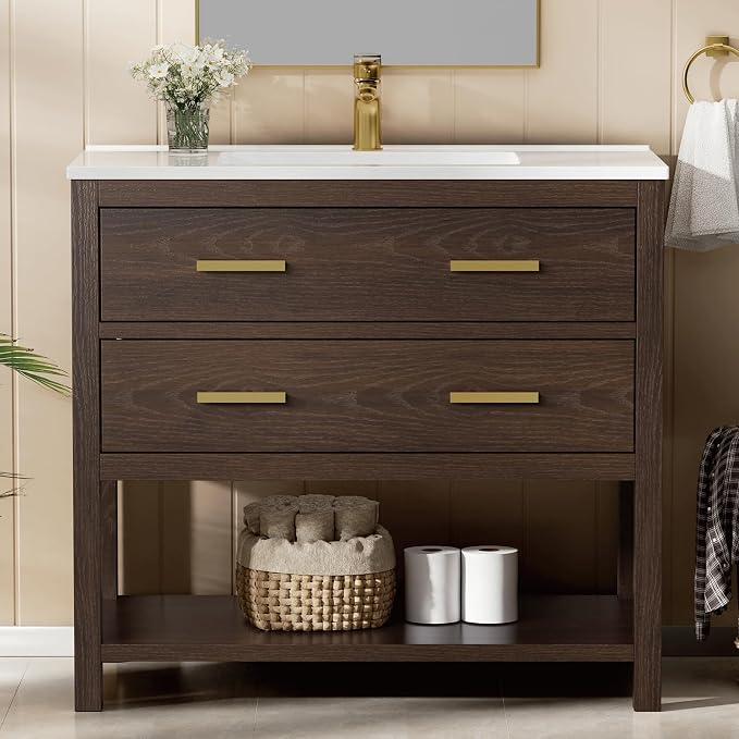 36 Inch Bathroom Vanity with Sink, Cabinet Sink Farmhouse Style with Drawers & by DELUXELIVING
