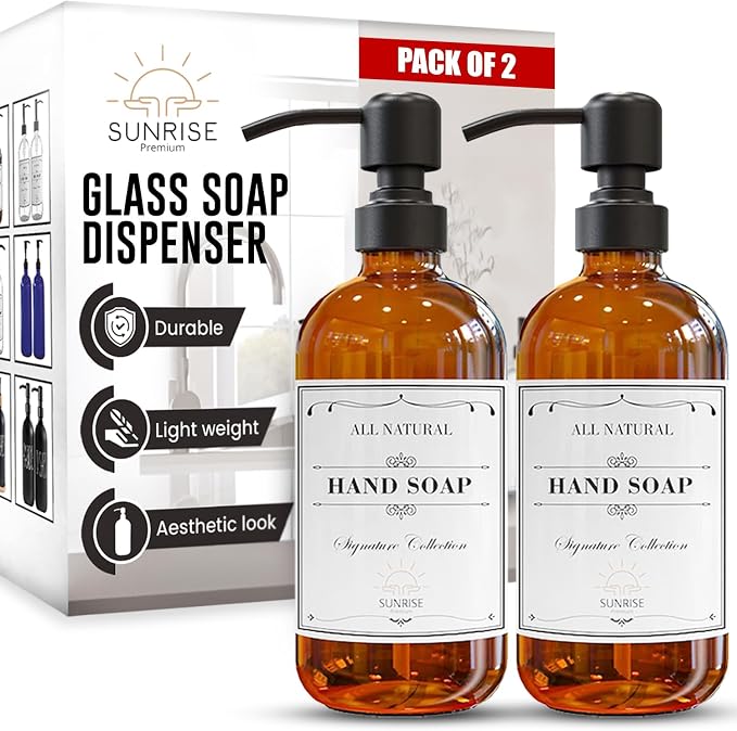 2 Pack Amber Glass Soap Dispenser 16 OZ by SunrisePremium