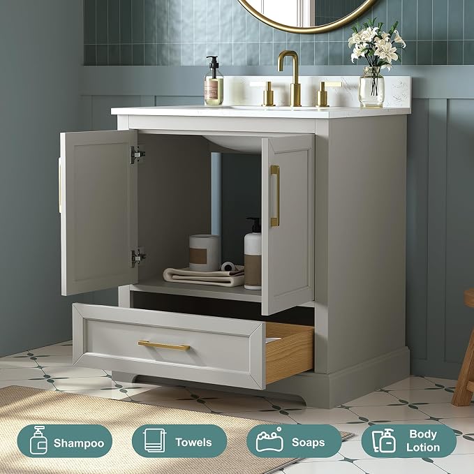 30 Inch Bathroom Vanity with Sink Combo, Solid Wood Frame with Mable Top - Image 7