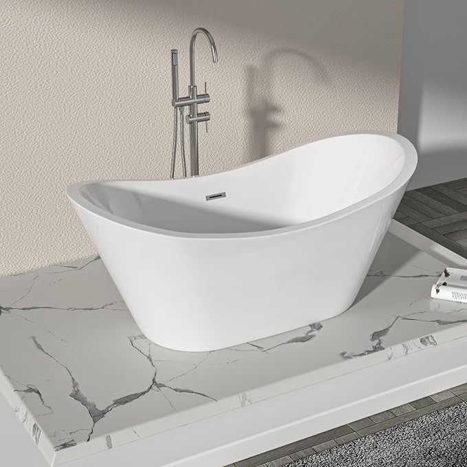 Logmey 59 Inch Freestanding Bathtub White Acrylic Oval Shape Soaking Tub - Image 3