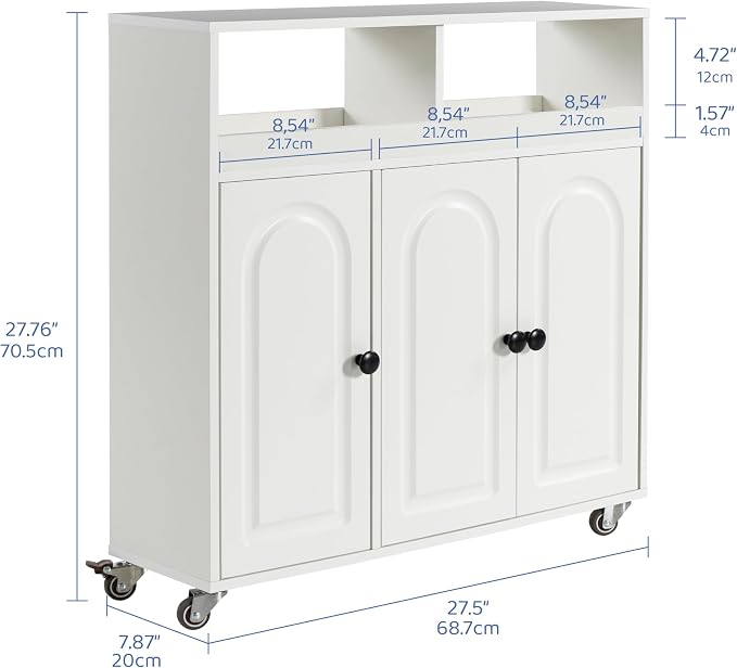 Bathroom Storage Cart with Doors，3-Door Cabinet & Divided Open Shelf，Rolling - Image 2