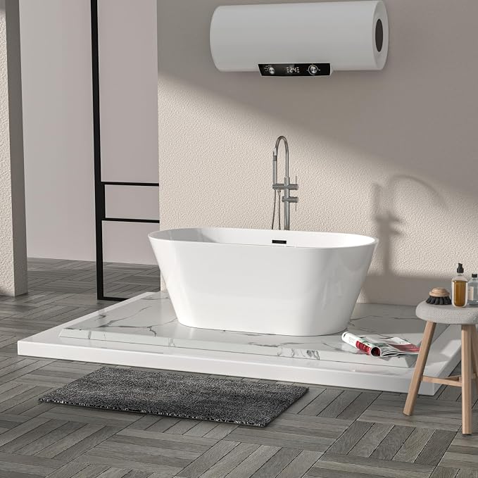 Logmey 59 Inch White Acrylic Freestanding Bathtub Oval Shape Soaking Tub - Image 8