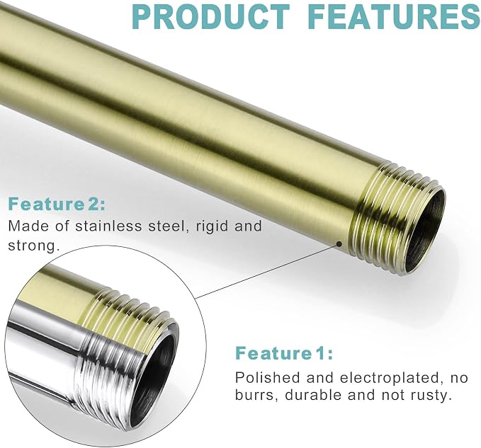 BESTILL 12 Inch Ceiling Mount Rain Shower Head Arm and Flange, Brushed Gold - Image 4