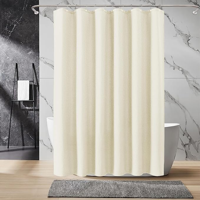 Inhousolu Fabric Shower Curtain Waffle Weave, 230 GSM Heavy Duty, Weighted Hem - Image 8