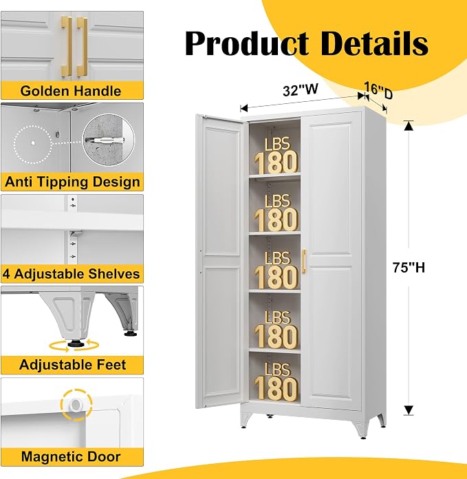 Kitchen Pantry Cabinet, 75”White Metal Storage Cabinets - Image 3