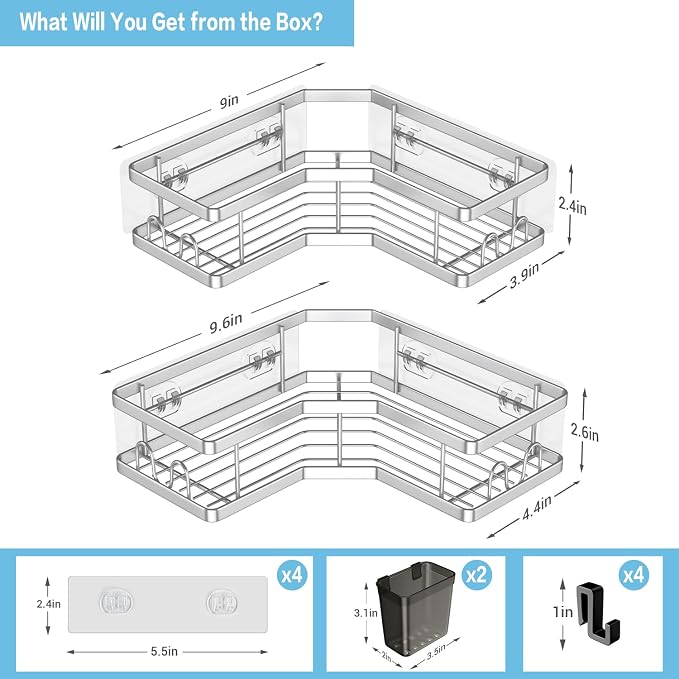 Corner Shower Caddy Shelf Rack: 2 Pack Adhesive Shower Organizer Essentials - Image 4