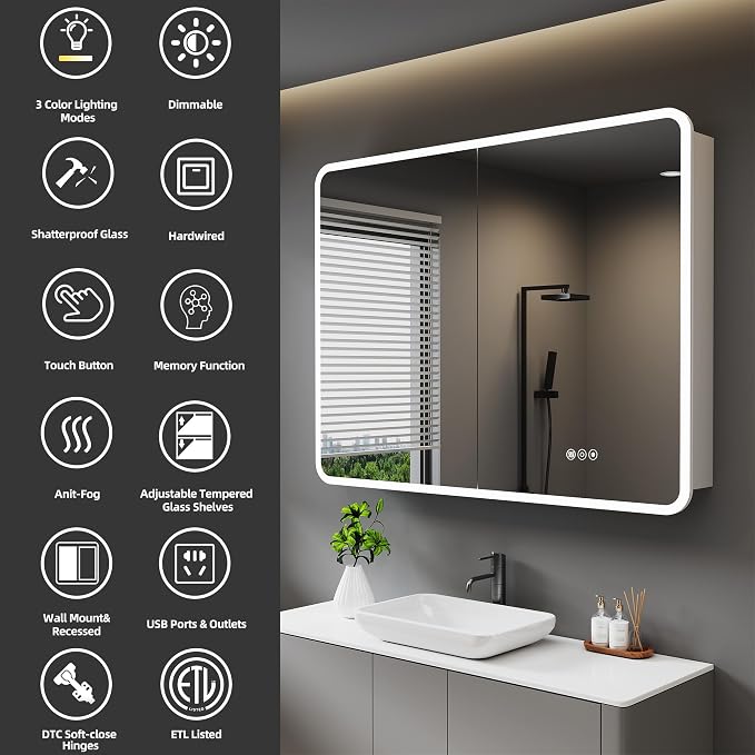 Medicine Cabinet with LED Lights and Mirror, 36 x 32 Inch Surface or Recessed - Image 3
