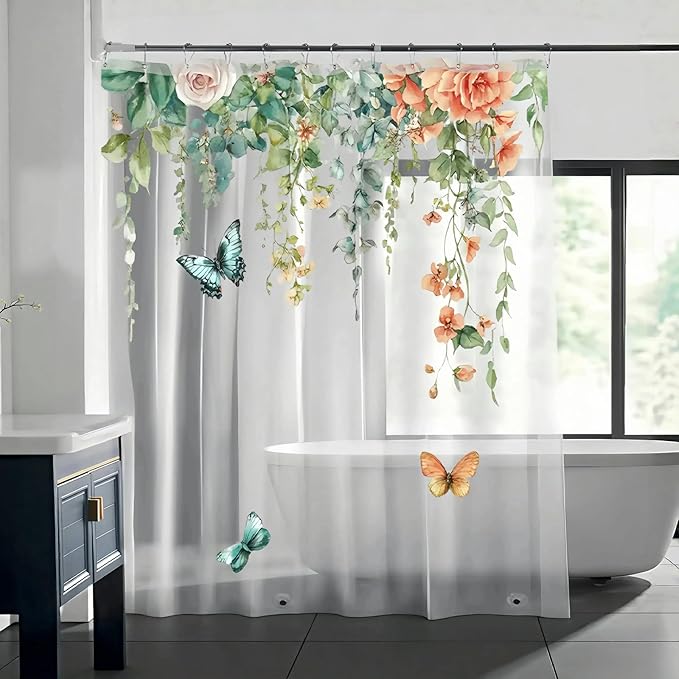 Clear Colorful Floral Butterfly Shower Curtain Liner, Plastic Pretty Pink and - Image 3