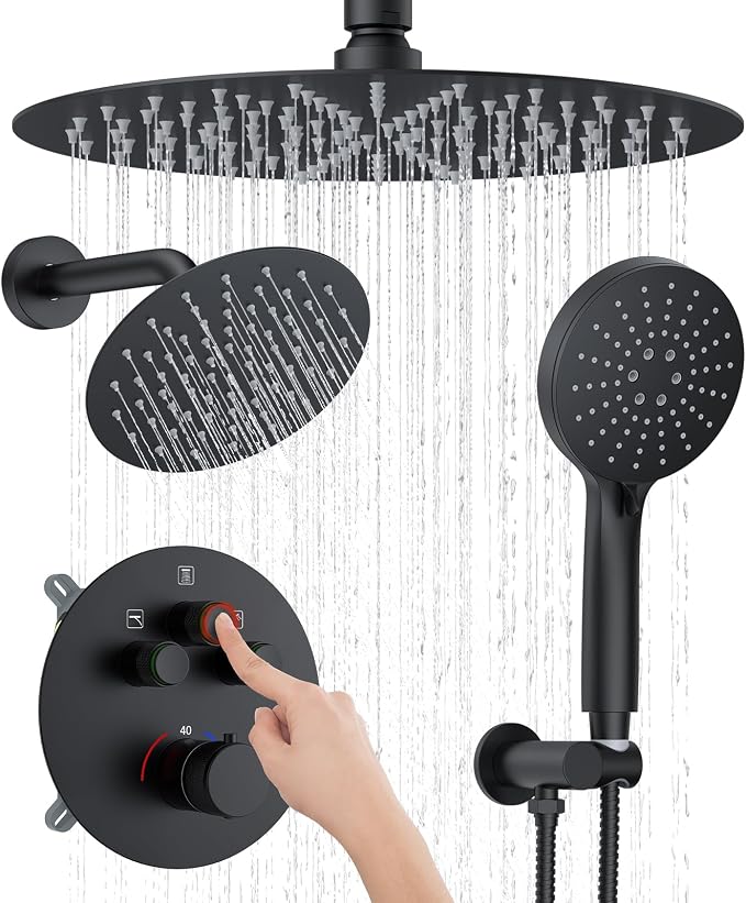 KOJOX Matte Black Thermostatic Shower System, Push Button Diverter Shower by KOJOXSANITARY
