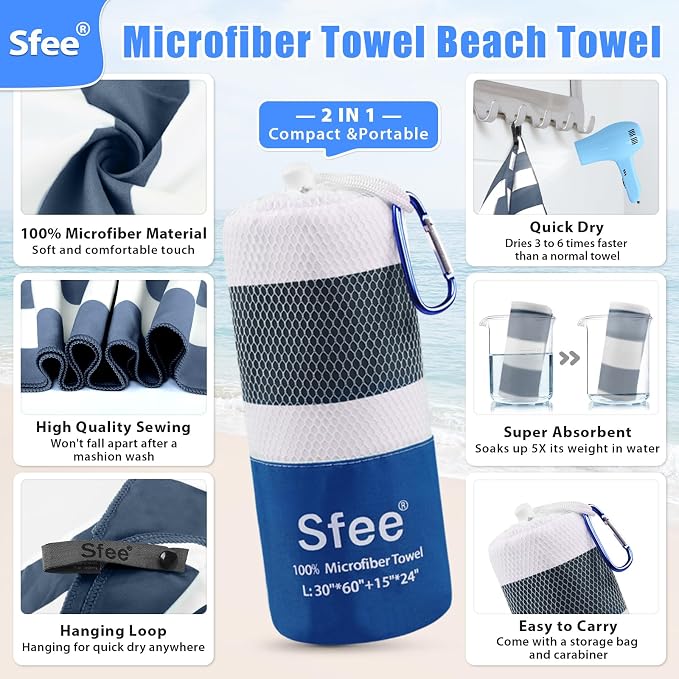 Sfee 2 in 1 Microfiber Oversized Beach Towel, Quick Dry Towel Travel Towel - Image 2
