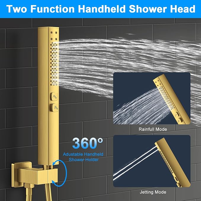 Shower Faucet Set, 3-Setting Push Button Brushed Gold Shower System, 12 Inch - Image 5