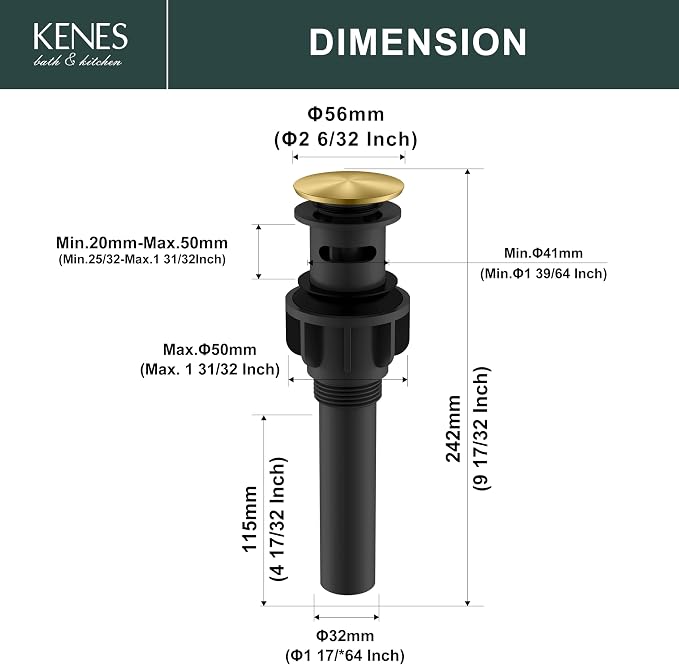 KENES Brushed Gold Pop Up Bathroom Sink Drain - Image 6