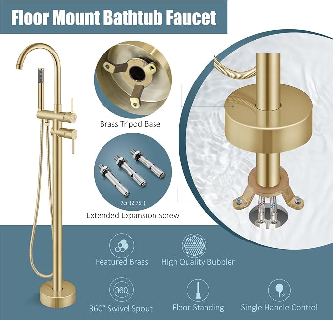 Aolemi Floor Mount Bathtub Faucet Freestanding Tub Filler Standing High Flow - Image 6