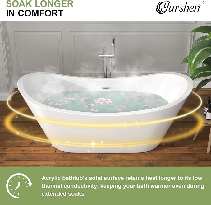 67" Freestanding Acrylic Bathtub – White Double Slipper Soaking Tub - Image 7