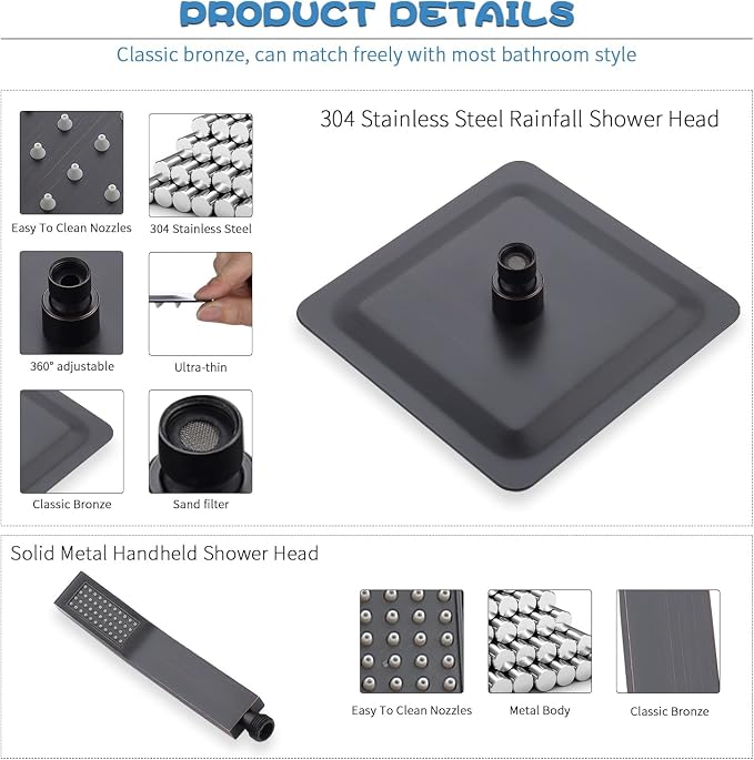 All Metal Shower Faucet Set, Dual Square Shower Head System - Image 3