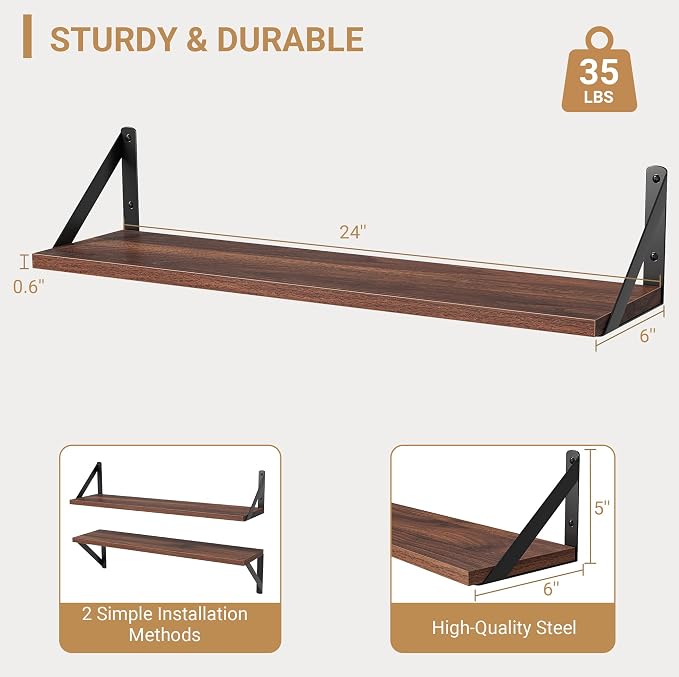 Heimlove Floating Shelves for Wall, 24 Inch Long Wood Floating Shelves Set of 3 - Image 3
