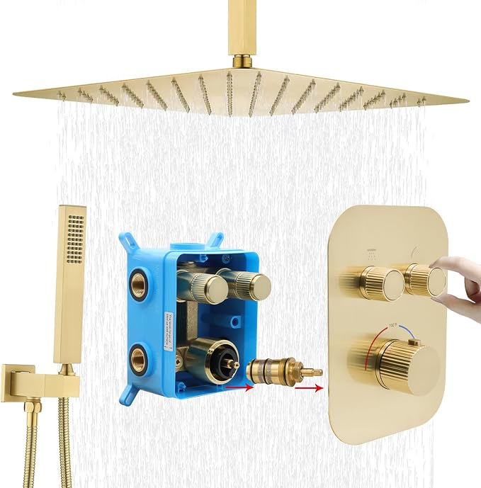 Thermostatic Shower System 16 Inch Ceiling Mount Brushed Gold Shower System by Backnets