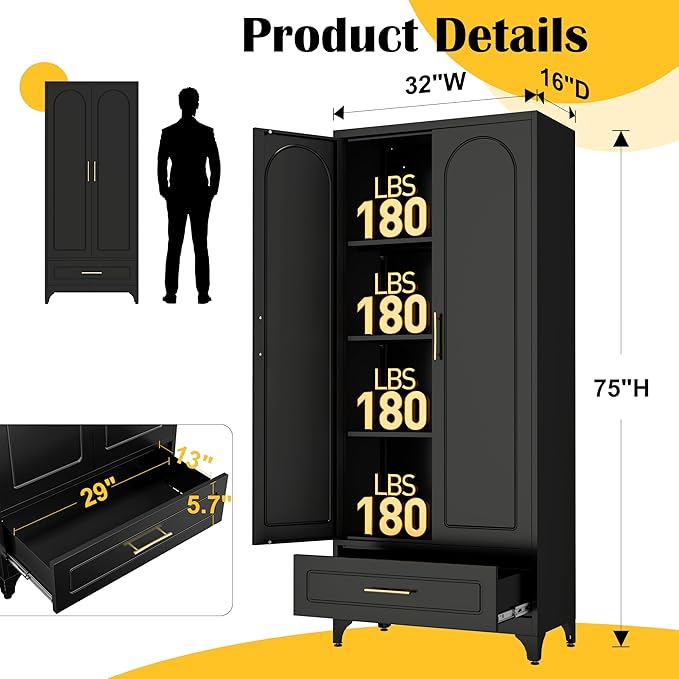 Metal Storage Cabinet with Drawers, 75Inch Black Pantry Cabinets - Image 3