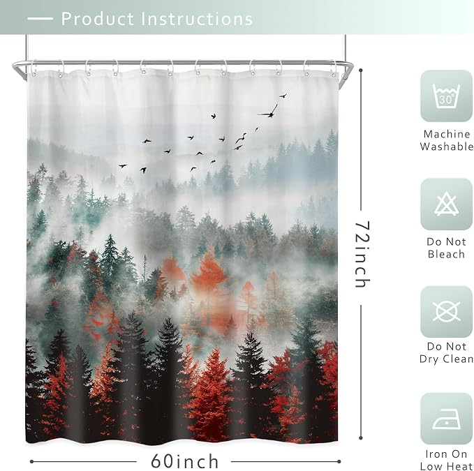 Riyidecor Red Green Mountain Shower Curtain 60Wx72H Inch Black Nature Woodland - Image 5
