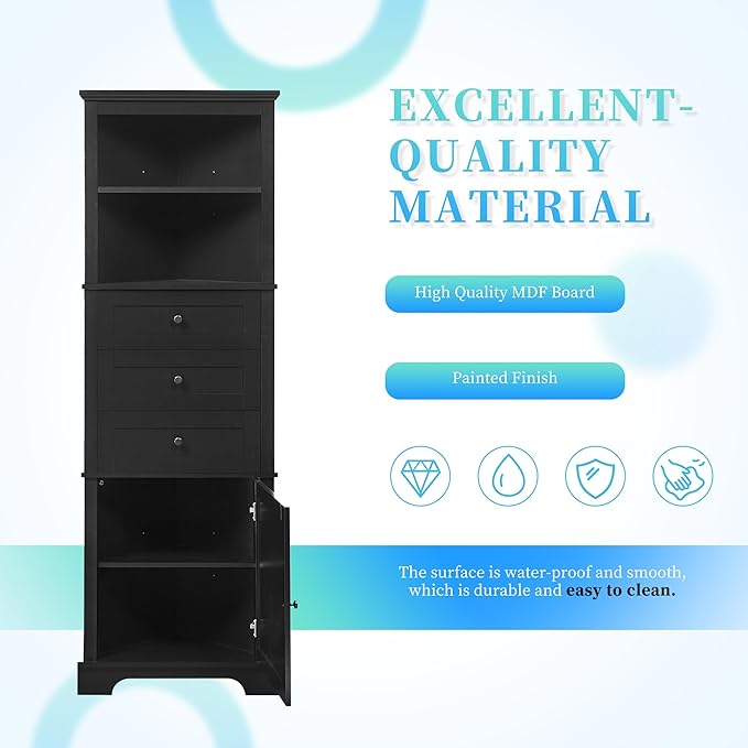 Storage Corner Cabinet with 3 Drawers and Door, Tall Line Pantry Home Space - Image 5