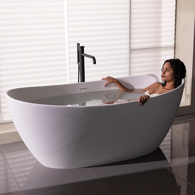 73'' High-back Freestanding Solid Surface Resin Stone Bathtub, Freestanding Tub - Image 2