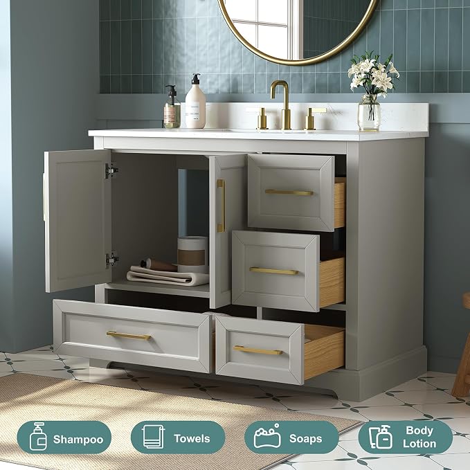 42 Inch Bathroom Vanity with Sink Combo, Solid Wood Frame with Marble Top - Image 7