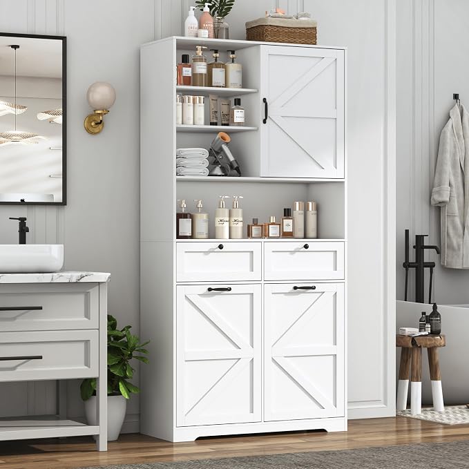 78" Tall Tilt-Out Double Doors Laundry Cabinet Hamper w Hidden Laundry Hamper - Image 4
