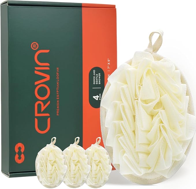 Shower Puff 4 Pack Bath Sponge Shower Loofahs Pouf Large 7x5 Premium by CROVIN