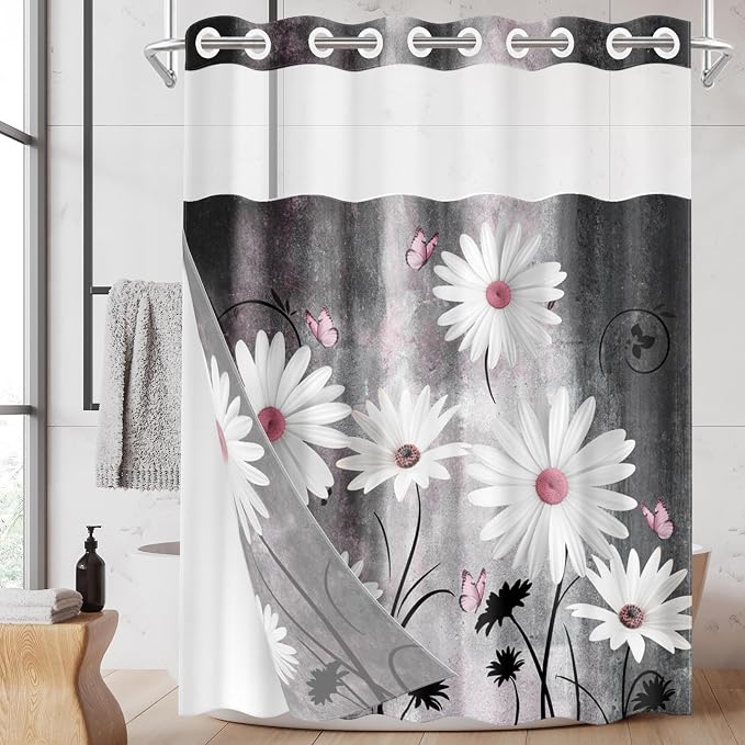 No Hook Pink White Daisy Butterfly Shower Curtain by Nesphy