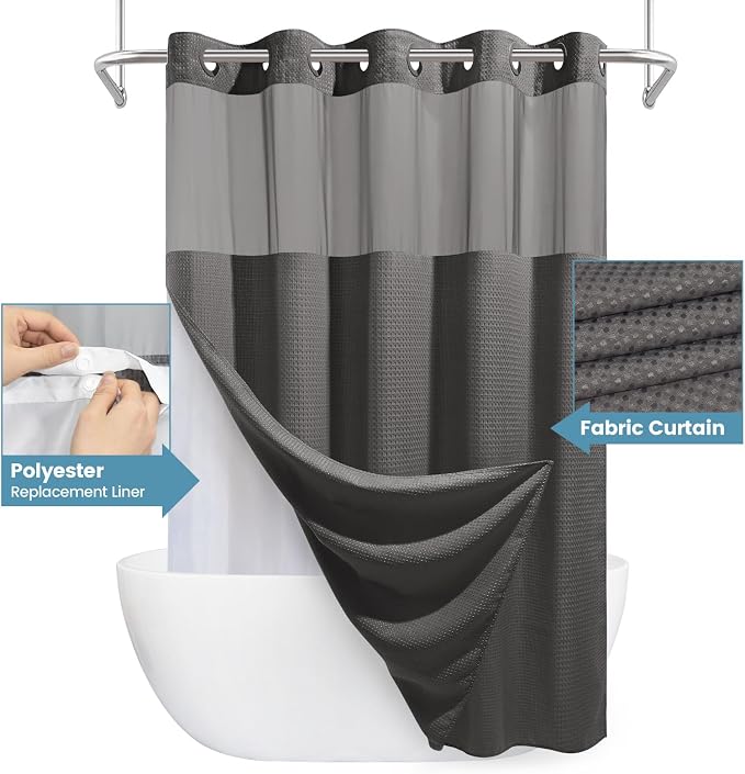 Charcoal Grey No Hook Shower Curtain - Image 4