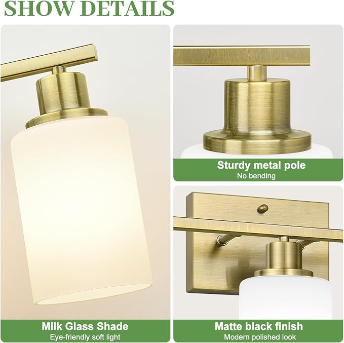 3-Light Bathroom Light Fixtures, Aged Brass Vanity Light - Image 2