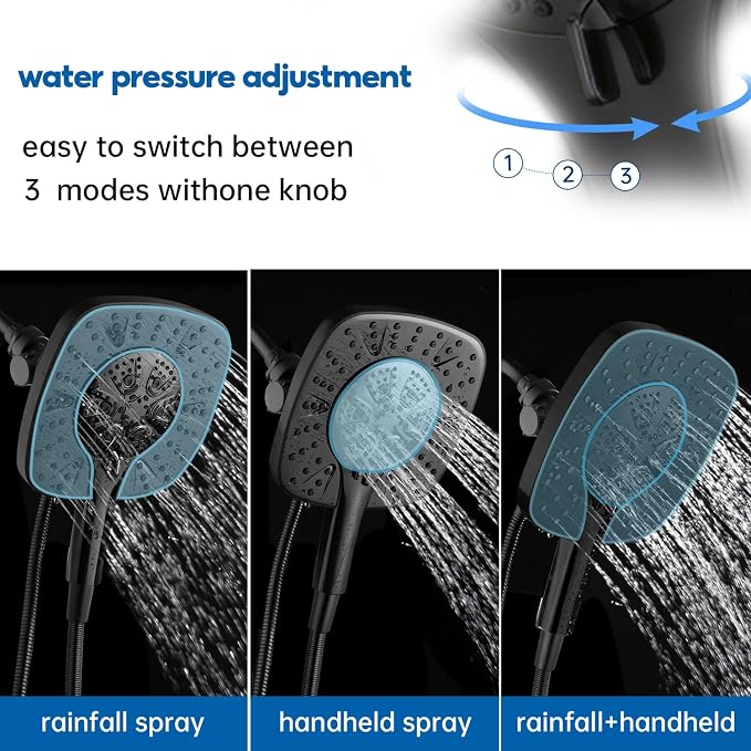 Black Shower Head with Handheld Spray Combo 2 in 1 Rainfall High Pressure with - Image 3