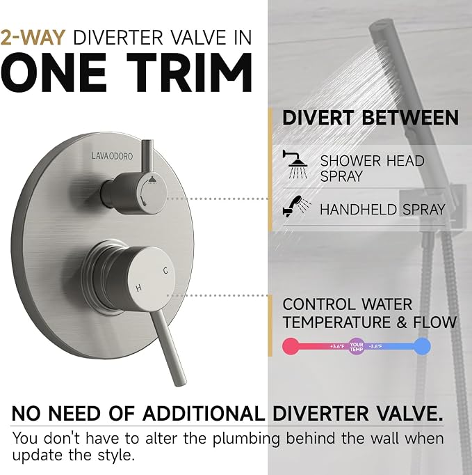 Lava Odoro Modern 2-Setting Round Rain Shower System, Brushed Nickel Rainfall - Image 8