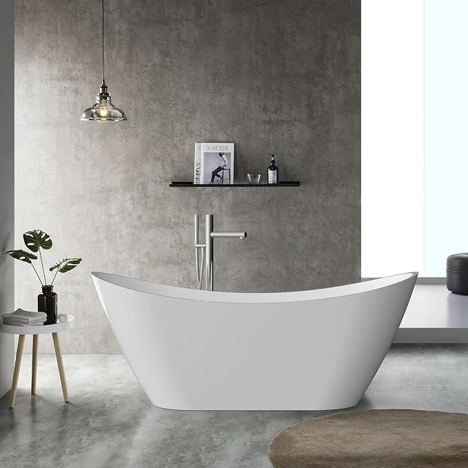 59 in Acrylic Freestanding Bathtub, Contemporary Stand Alone Tub, Glossy White - Image 7