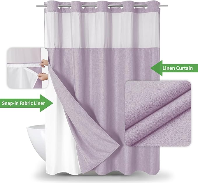 Extra Long No Hooks Needed Linen Textured Shower Curtain - Image 2