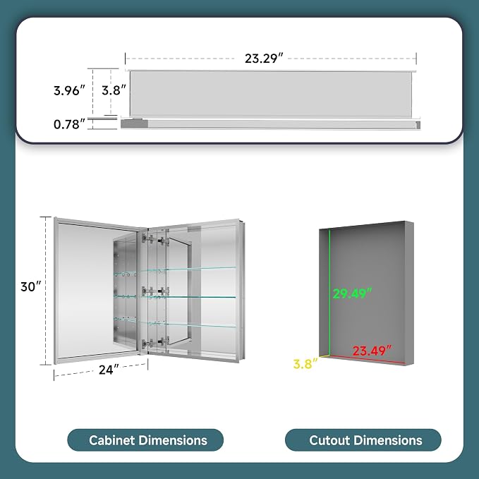 24"x30" Medicine Cabinet Mirror, Aluminum Silver Recessed Medicine Cabinet - Image 2