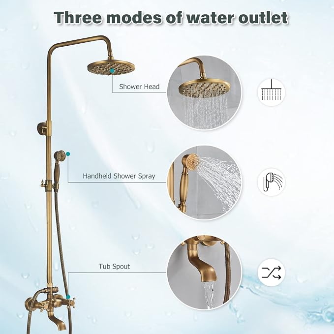 NeierThodore Antique Brass 8-Inch Bathroom Shower Faucet System Rainfall Shower - Image 2