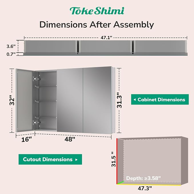 TokeShimi 48x32 Mirror with Stepless Adjustable Storage, Aluminum Tempered - Image 2
